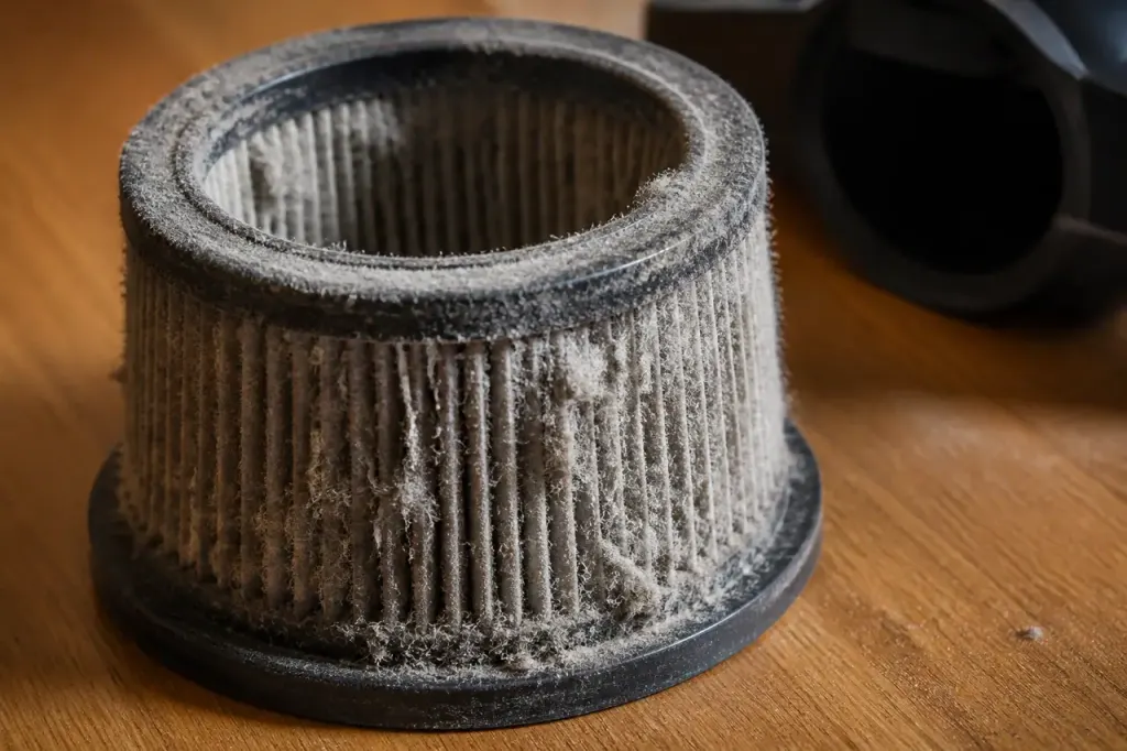 Filtre d'aspirateur encrasse couvert de poussiere grise