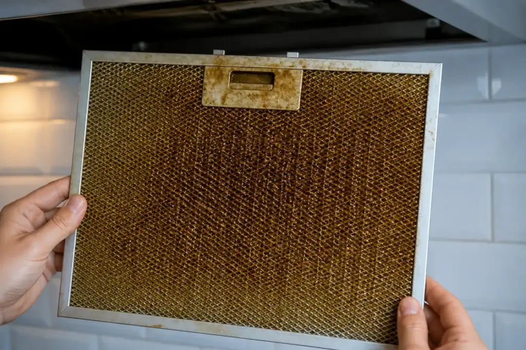 Filtre de hotte couvert de graisse brune