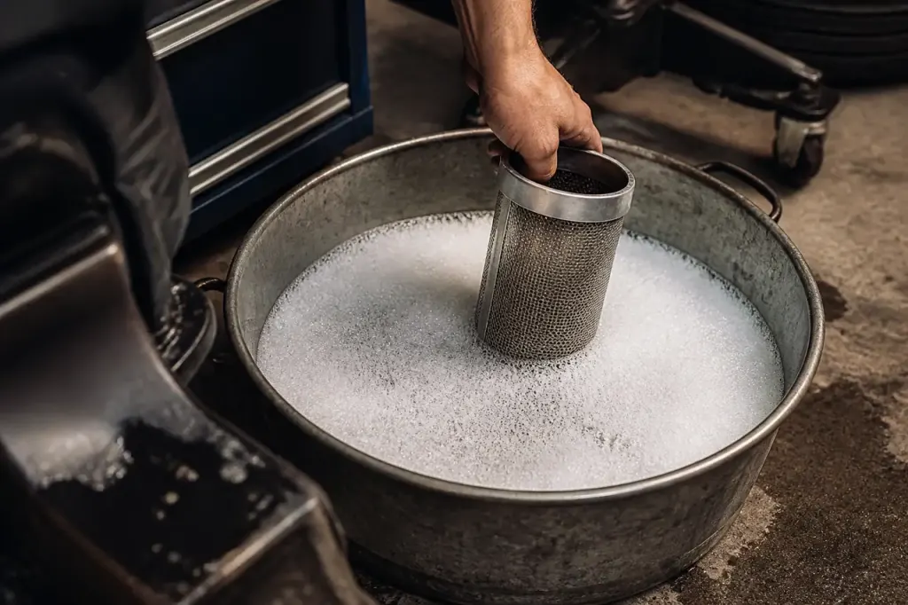 Filtre metallique plonge dans une bassine remplie de mousse