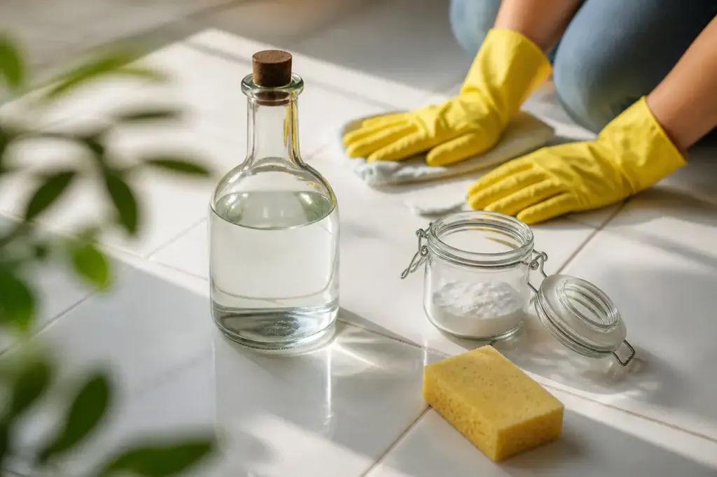 Flacon de vinaigre blanc et bicarbonate sur carrelage blanc