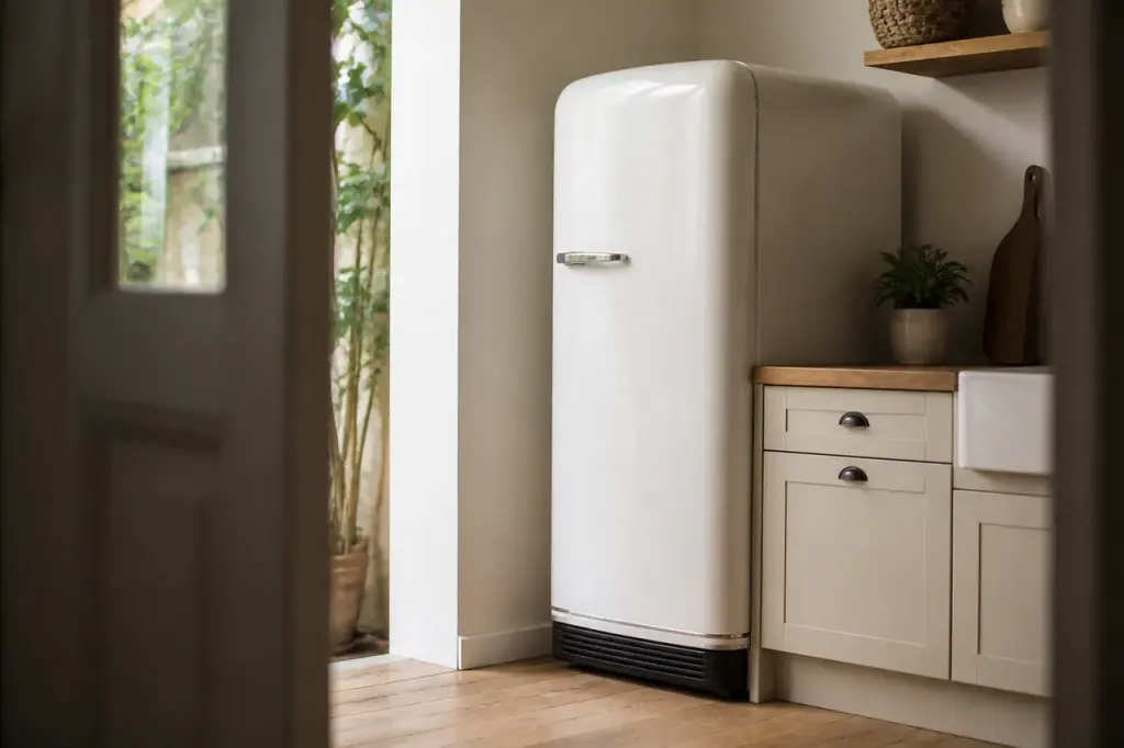 Frigo blanc seul dans cuisine, grille noire visible