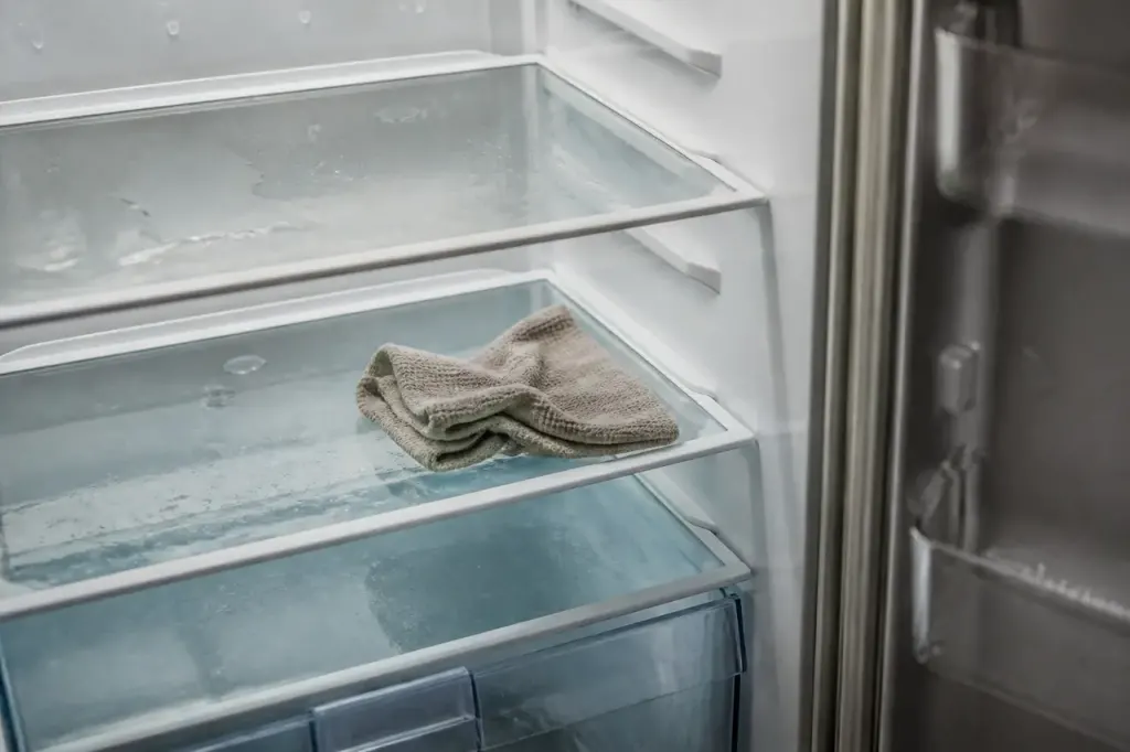 Frigo ouvert, givre fondu et chiffon sec sur clayette