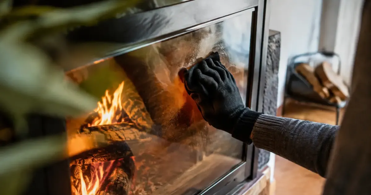 Gant noir frottant doucement le verre du foyer