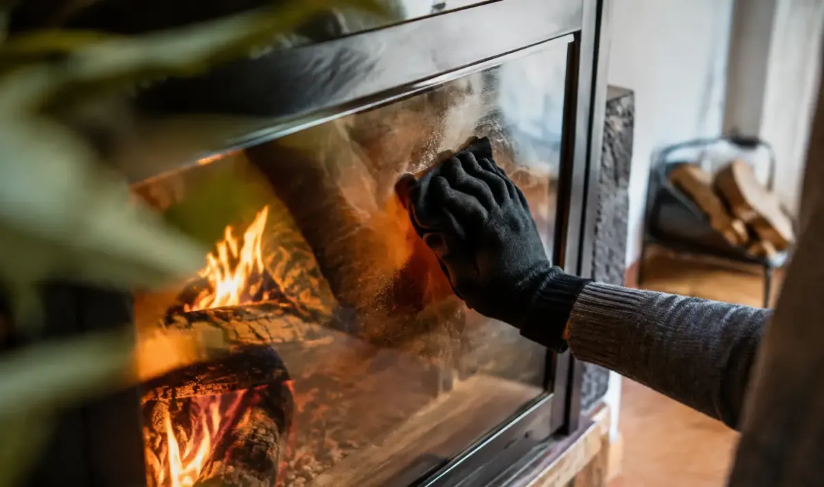 Gant noir frottant doucement le verre du foyer