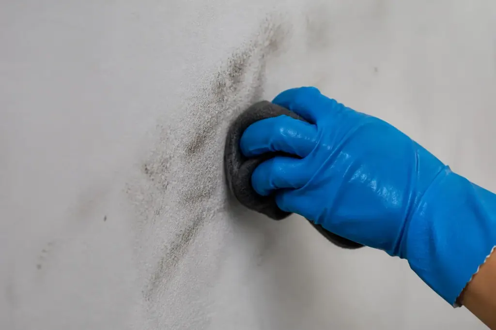 Gants bleus frottant une tache noire sur mur