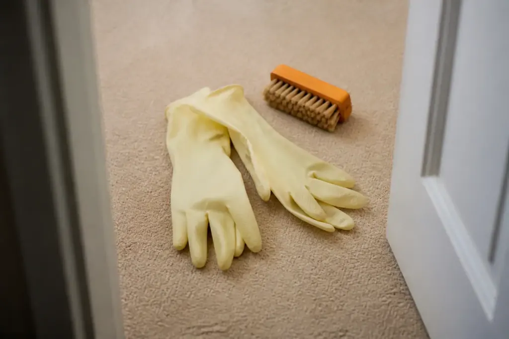 Gants en latex sur moquette beige avec brosse souple