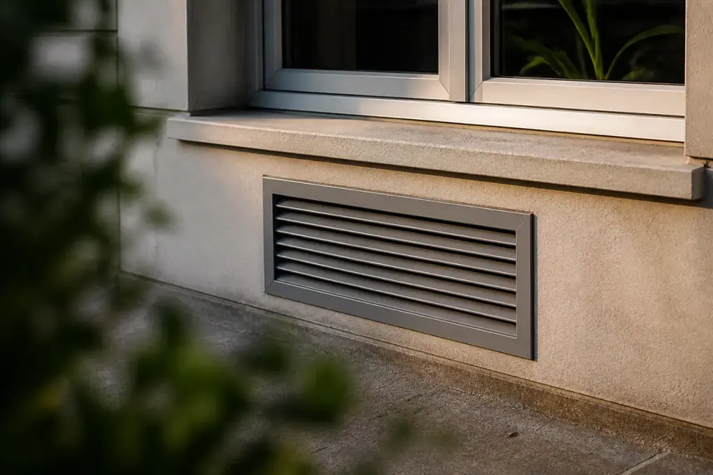 Grille de ventilation grise pres d'une fenetre en facade
