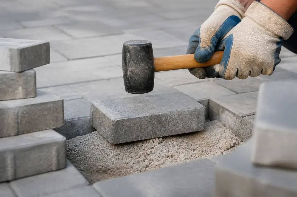 Homme accroupi tapant avec un marteau sur pavage gris