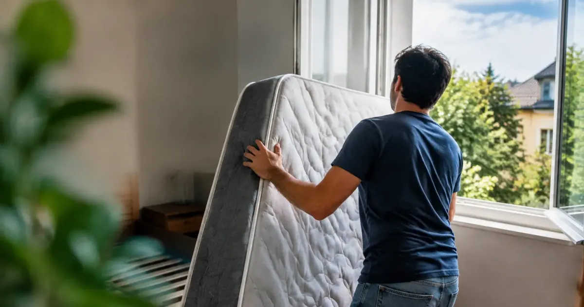Homme retournant un matelas devant une fenetre ouverte