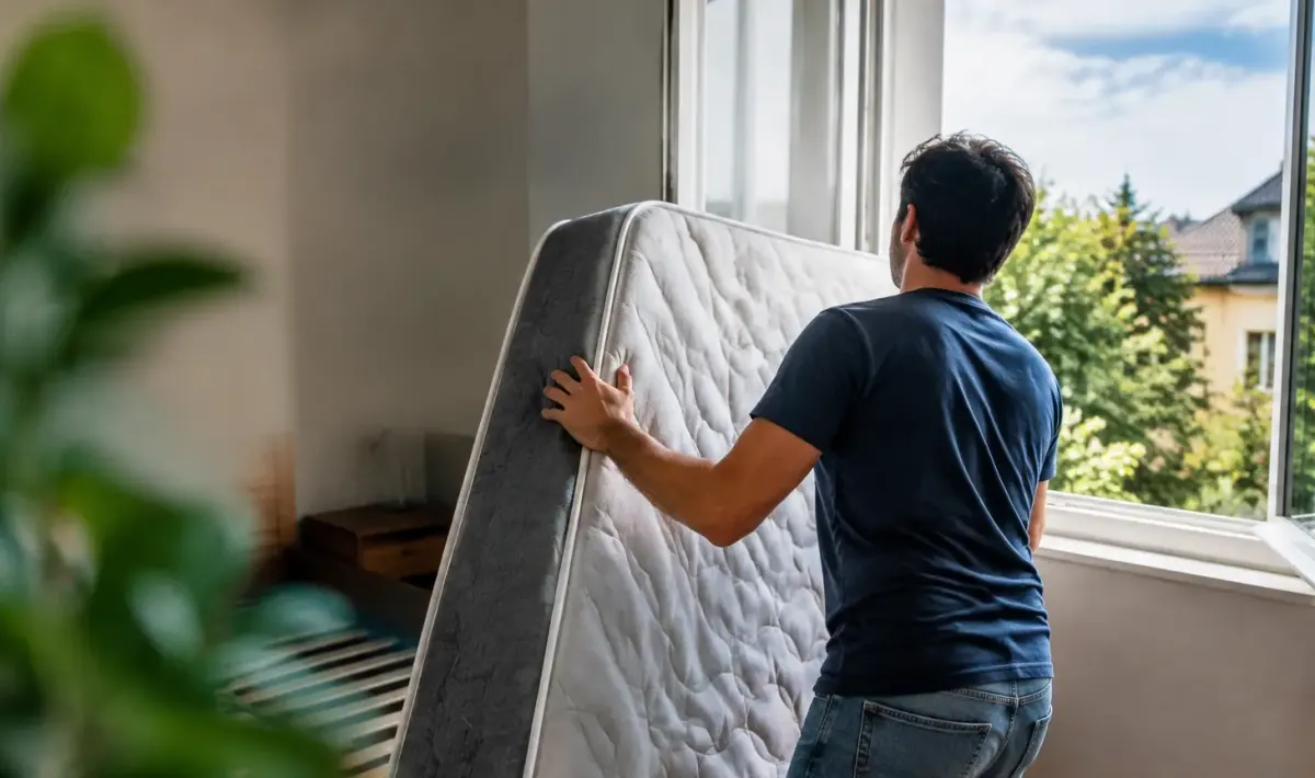 Homme retournant un matelas devant une fenetre ouverte