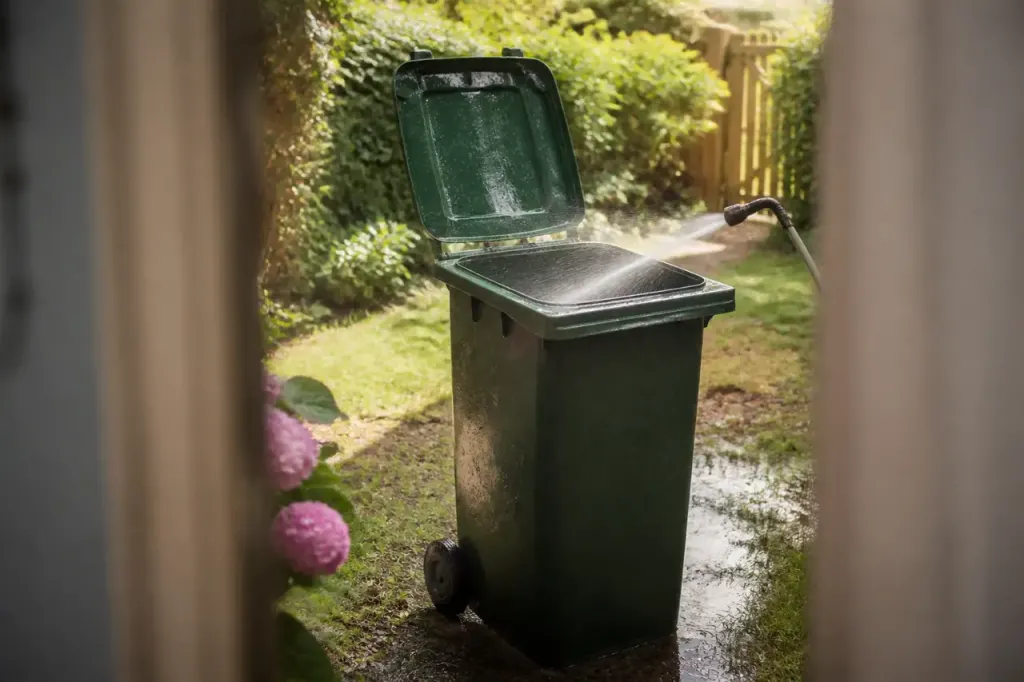 Homme rince une poubelle verte ouverte dans le jardin
