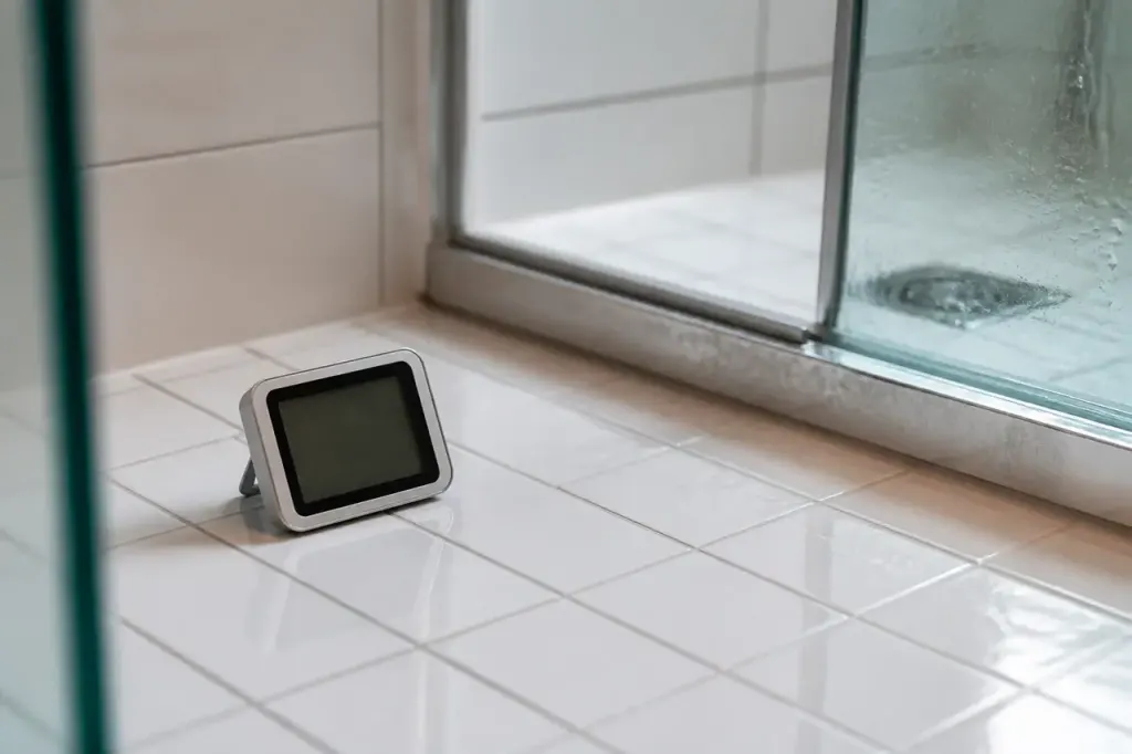 Hygrometre digital pose sur carrelage blanc pres douche