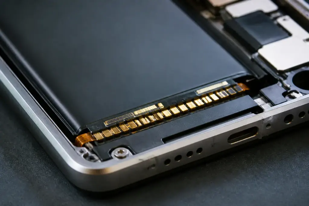 Lames métalliques dorées sur batterie de smartphone