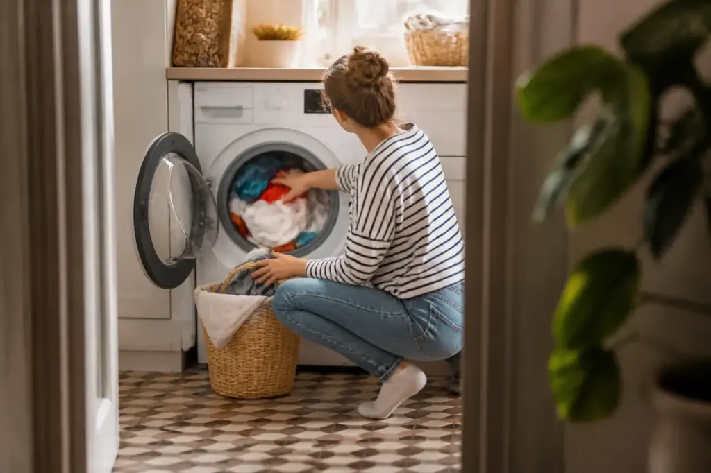 Lave-linge ouvert montrant du linge blanc et colore