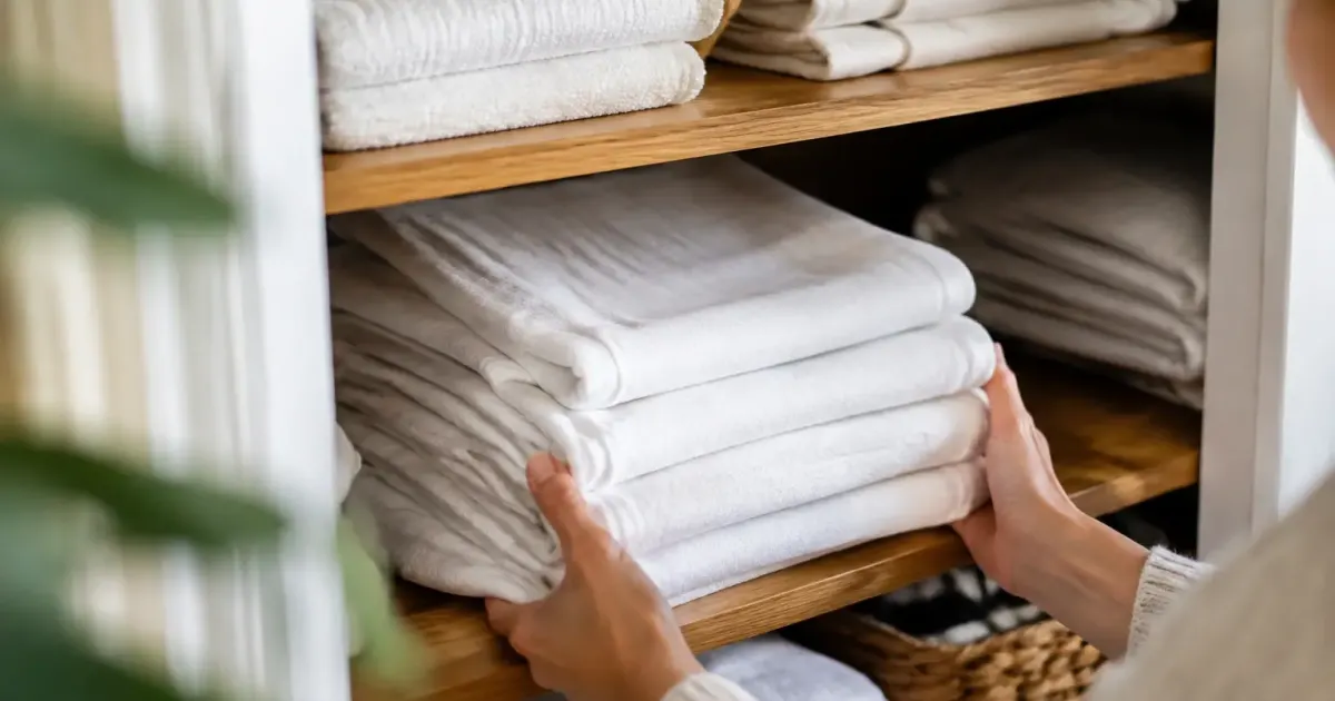 Linge blanc plie en piles sur une etagere
