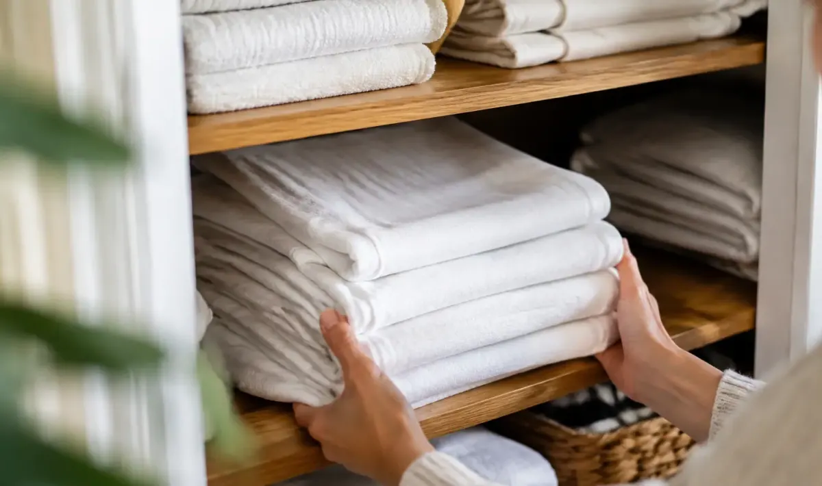 Linge blanc plie en piles sur une etagere