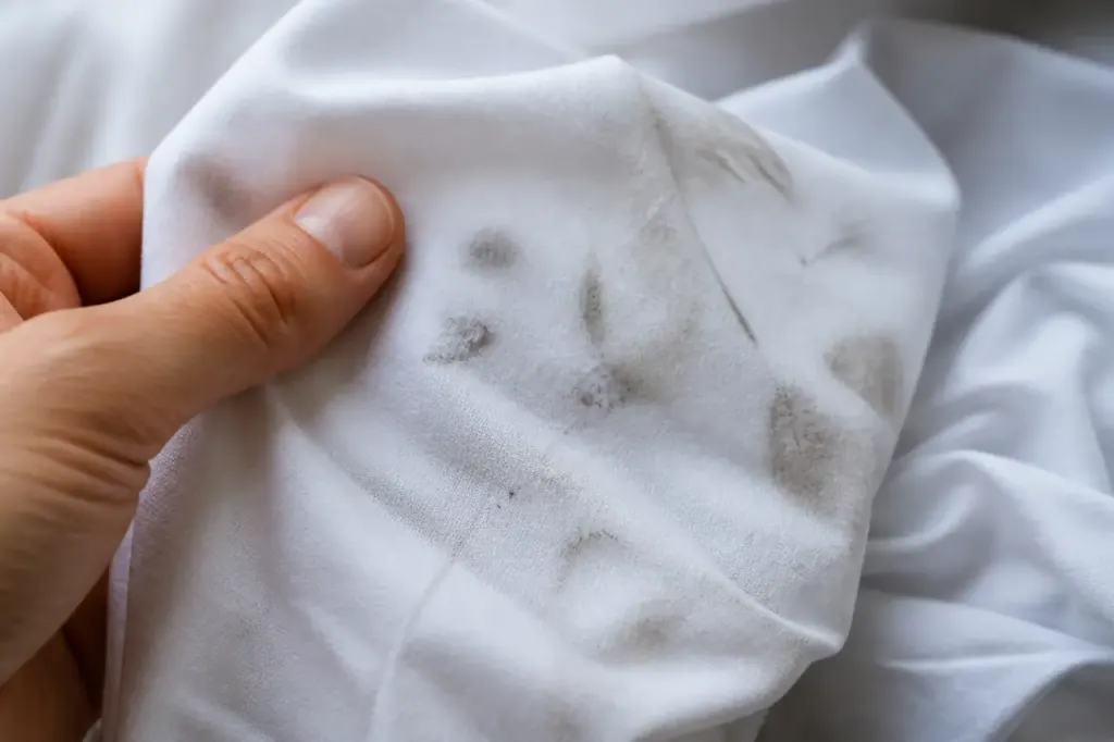 Gros plan sur linge blanc tache de traces grises
