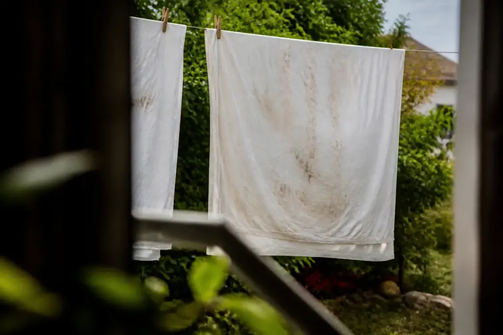 Linge de lit etendu sur corde avec taches visibles