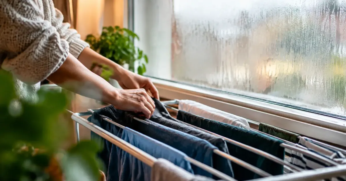 Linge séchant sur un étendoir près d'une fenêtre embuée