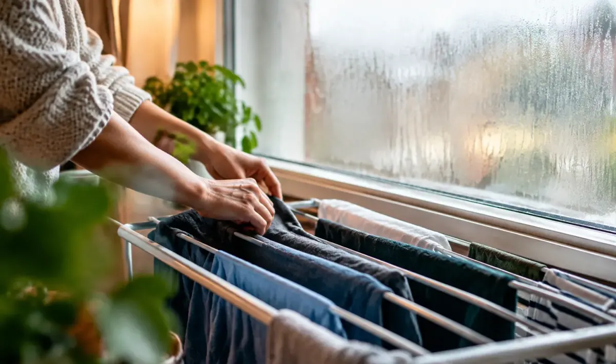 Linge séchant sur un étendoir près d'une fenêtre embuée