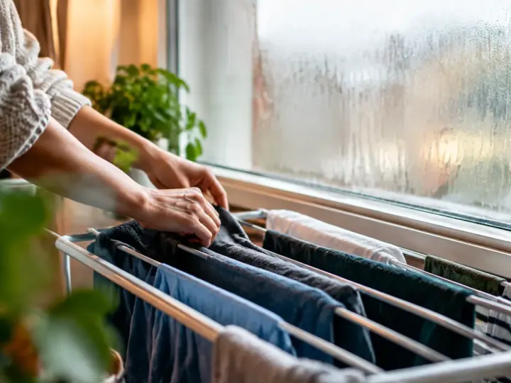 Linge séchant sur un étendoir près d'une fenêtre embuée