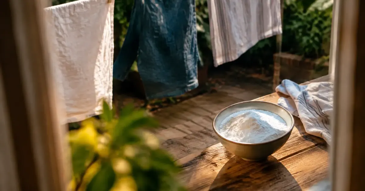 Linge suspendu a un fil, bol de poudre blanche