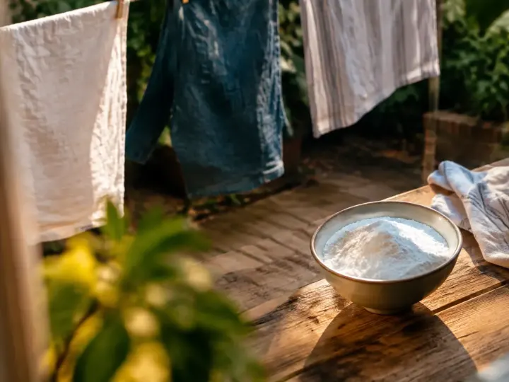 Linge suspendu a un fil, bol de poudre blanche