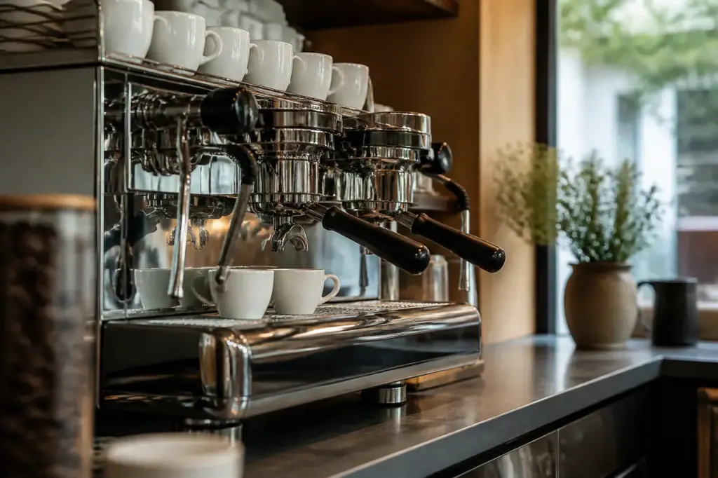 Machine a cafe chromee avec tasses blanches sur comptoir
