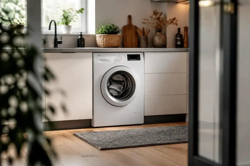 Machine a laver posee sur tapis gris, cuisine lumineuse