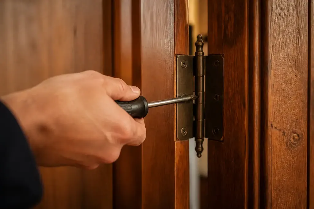 Main ajustant une vis de charniere sur porte bois