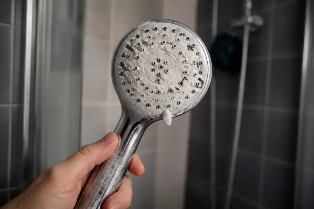 Main tenant une douche chromee couverte de depots blancs