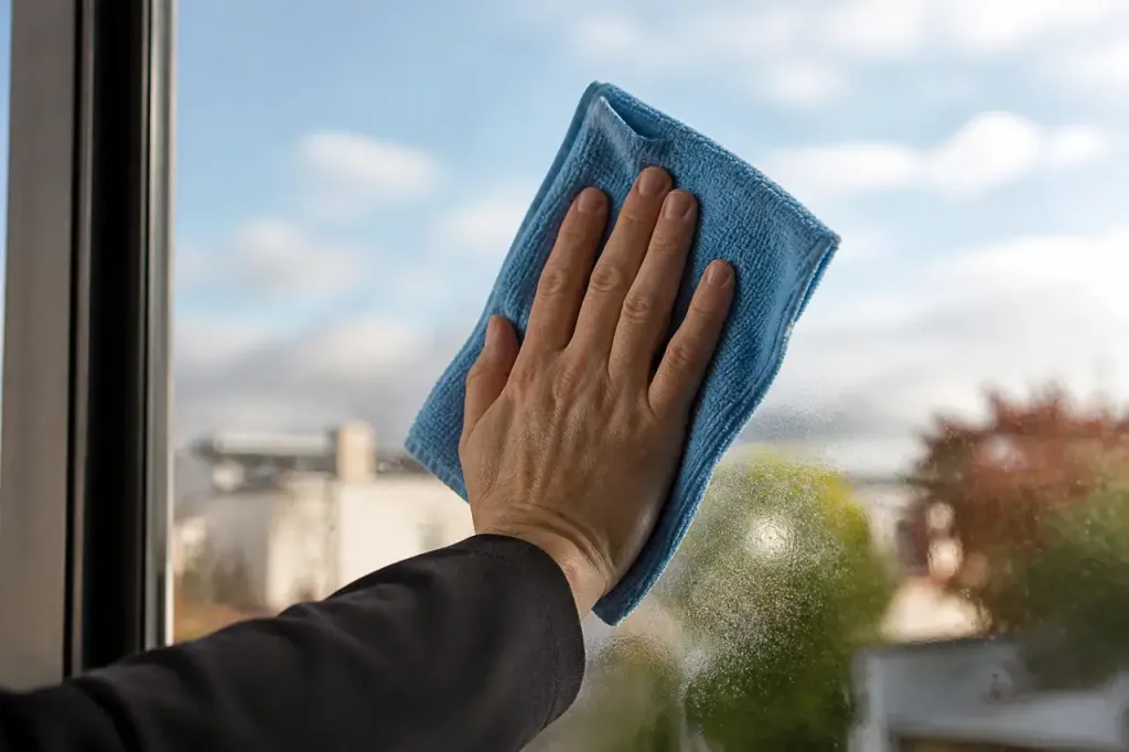 Main essuyant une fenetre avec chiffon microfibre bleu