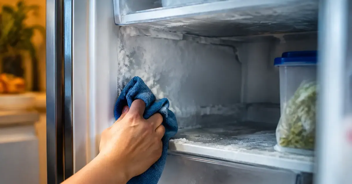 Main essuyant le givre dans un frigo ouvert