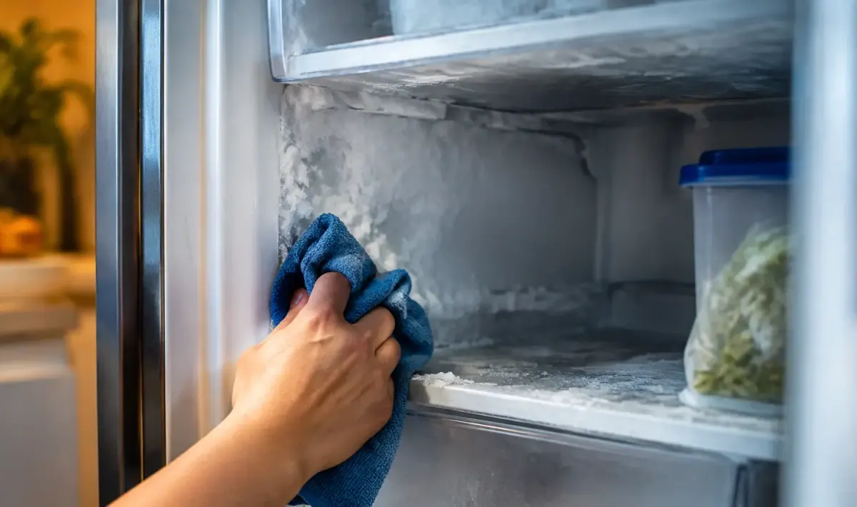 Main essuyant le givre dans un frigo ouvert