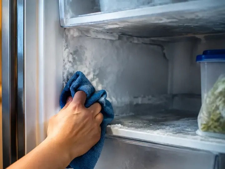 Main essuyant le givre dans un frigo ouvert