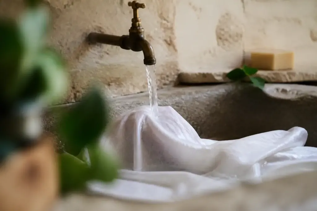 Main frottant un tissu blanc sous un filet d'eau