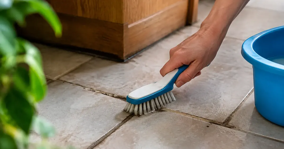 Main gantee tenant brosse sur joints noircis de carrelage
