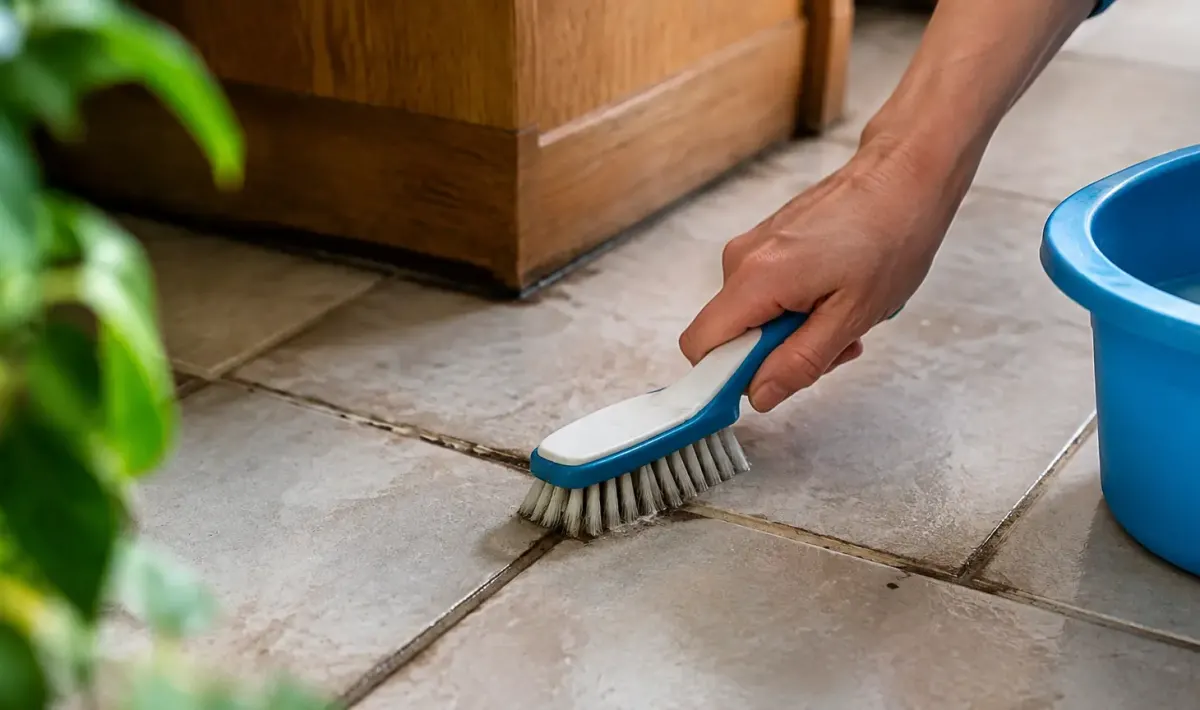 Main gantee tenant brosse sur joints noircis de carrelage