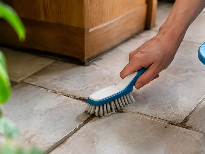 Main gantee tenant brosse sur joints noircis de carrelage