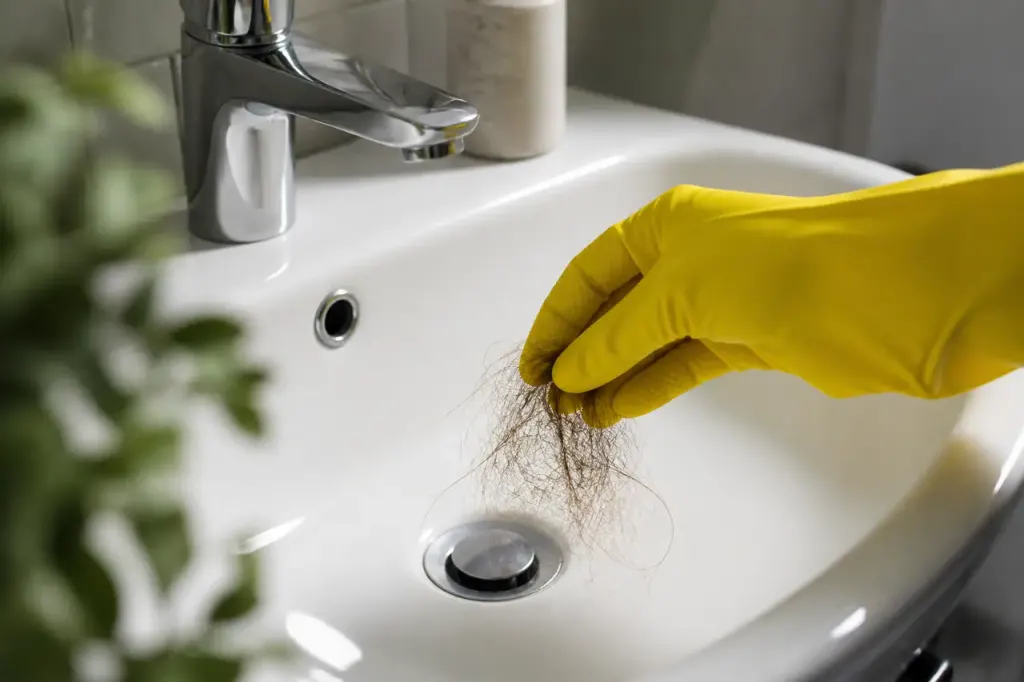 Main gantee retirant des cheveux emmeles sur evier blanc