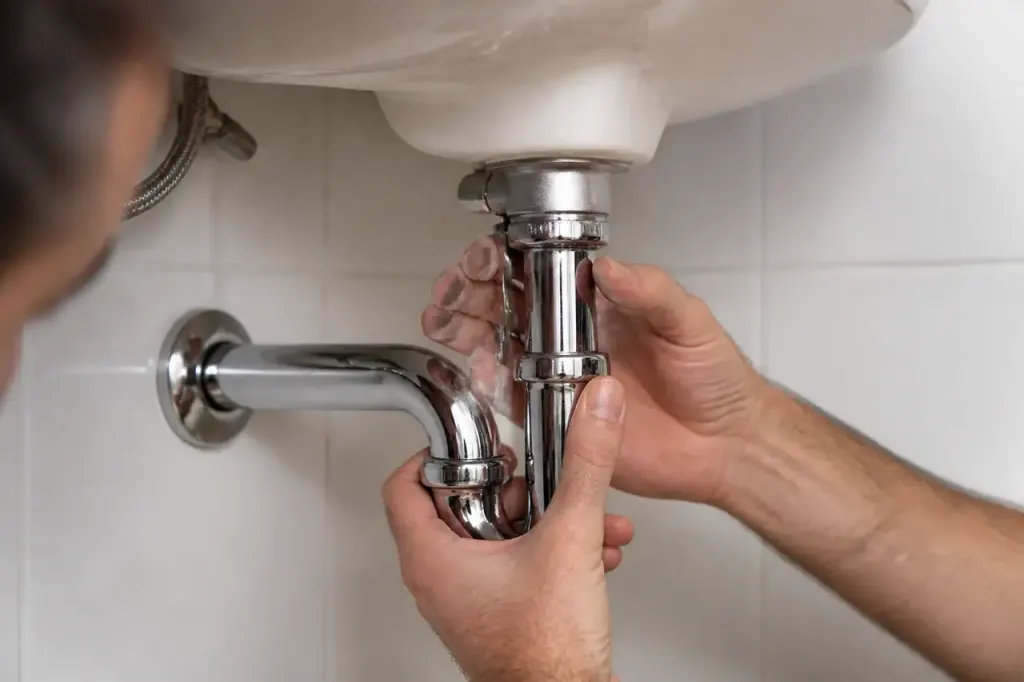 Main gantee tenant un siphon chrome sous lavabo blanc