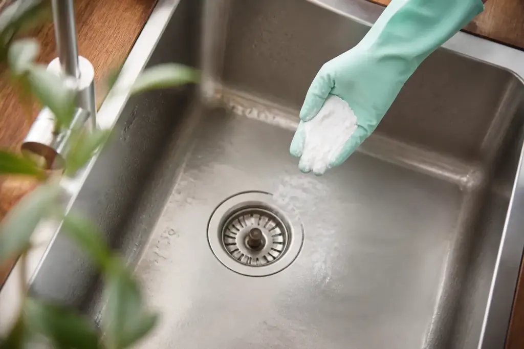 Main gantee versant du bicarbonate dans un evier