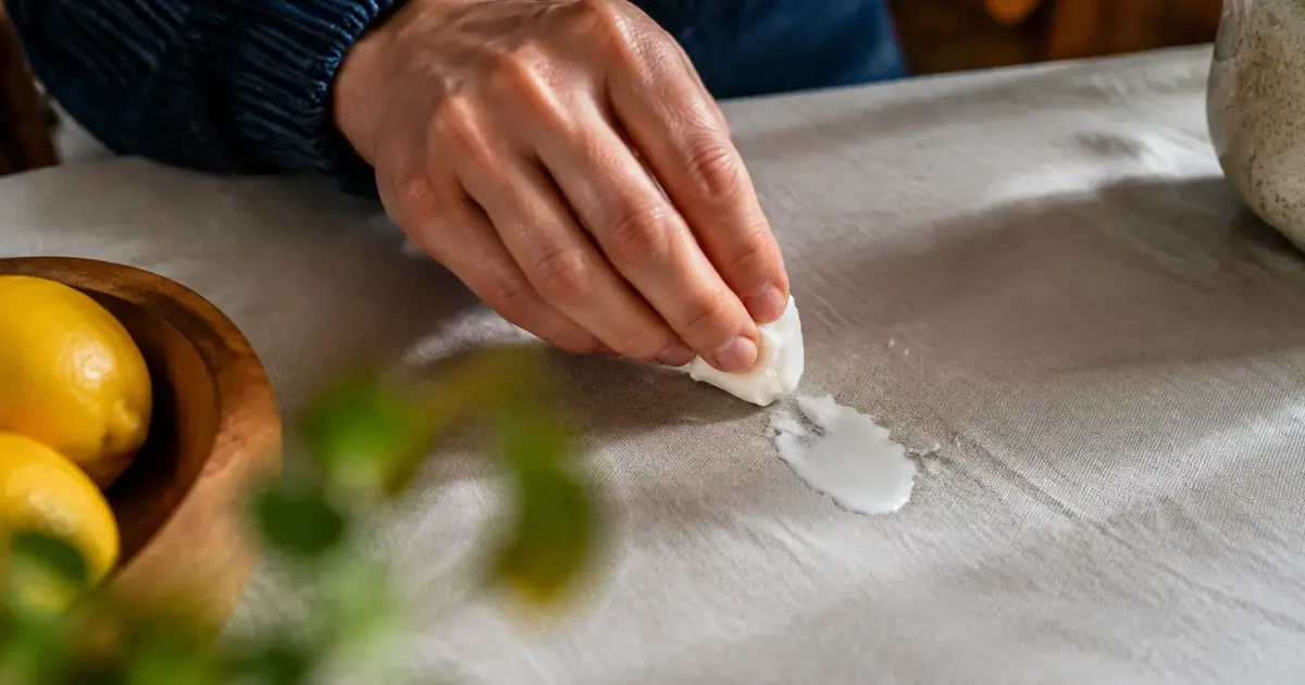 Main grattant une goutte de cire blanche sur nappe