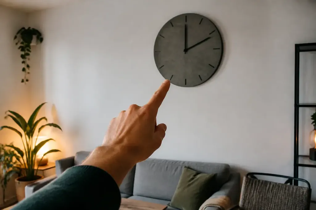 Main pointant une horloge murale dans un salon