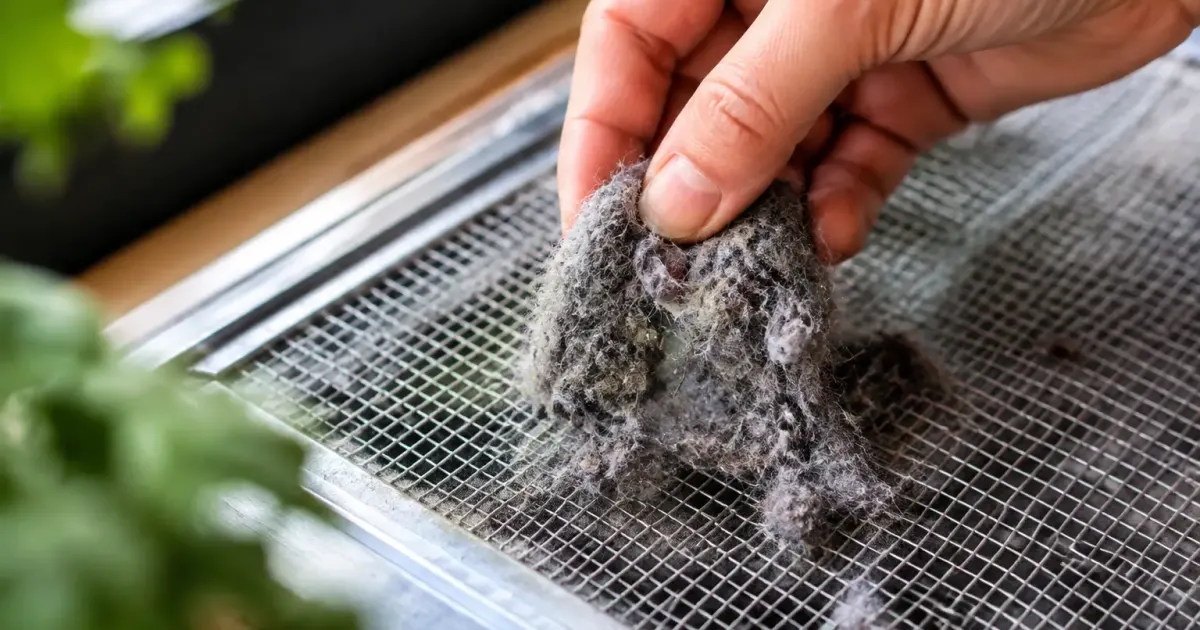 Main retirant amas de fibres grises d'une grille metallique