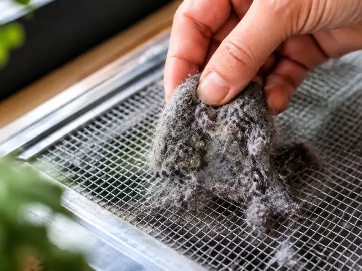 Main retirant amas de fibres grises d'une grille metallique