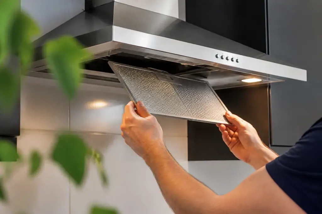 Main retirant filtre metallique sous hotte de cuisine