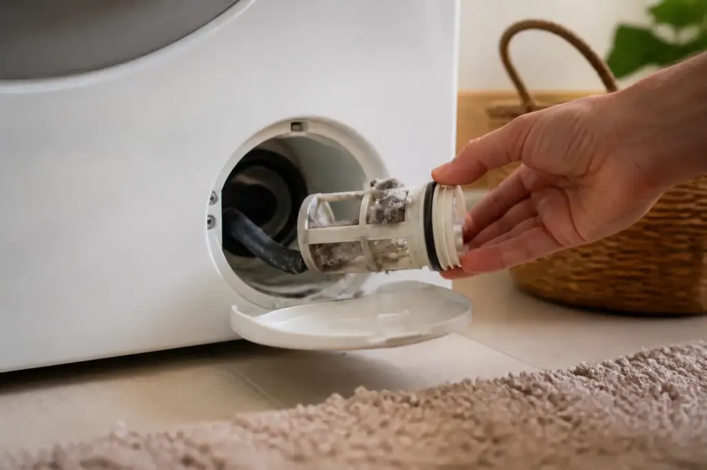 Main retirant peluches du filtre sur lave linge
