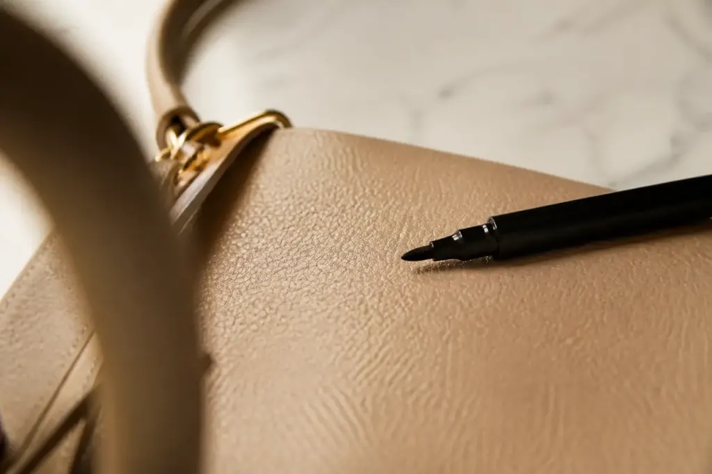 Main tenant un feutre sur cuir beige