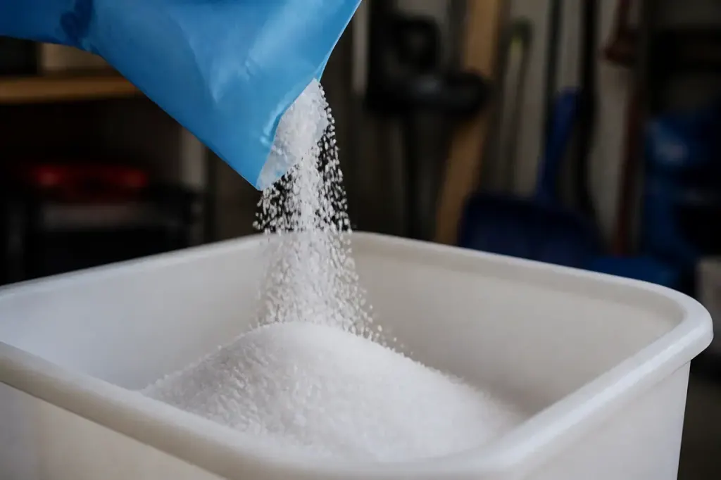 Main versant des granules de sel dans un bac